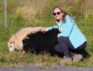 a woman petting two sheep, one black and one white